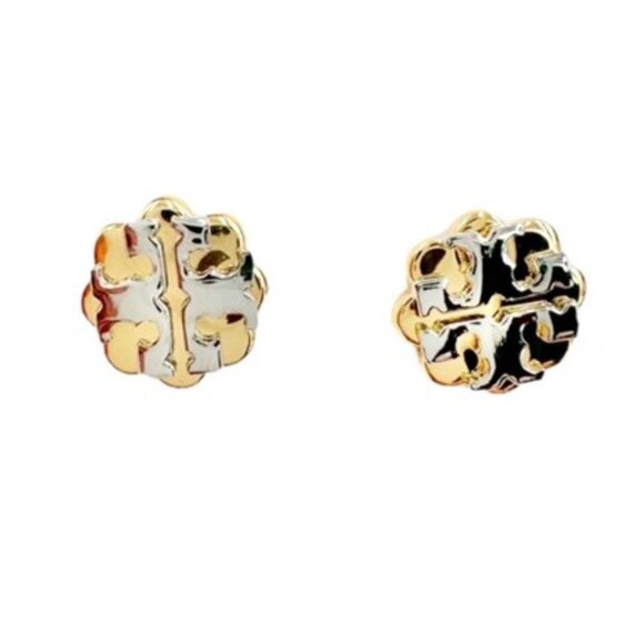 Tory Burch Logo Flower Two-Tone Stud Earrings w Dust Bag New - Picture 1 of 3